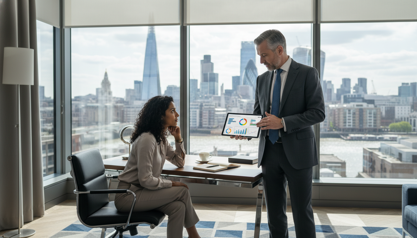 A sophisticated, modern office setting in London overlooking the Thames and the City skyline. A professional financial advisor in a suit is presenting a digital portfolio on a tablet to a diverse expatriate entrepreneur. The atmosphere is professional, focused, and illuminated by natural light. Photorealistic, 8k resolution.