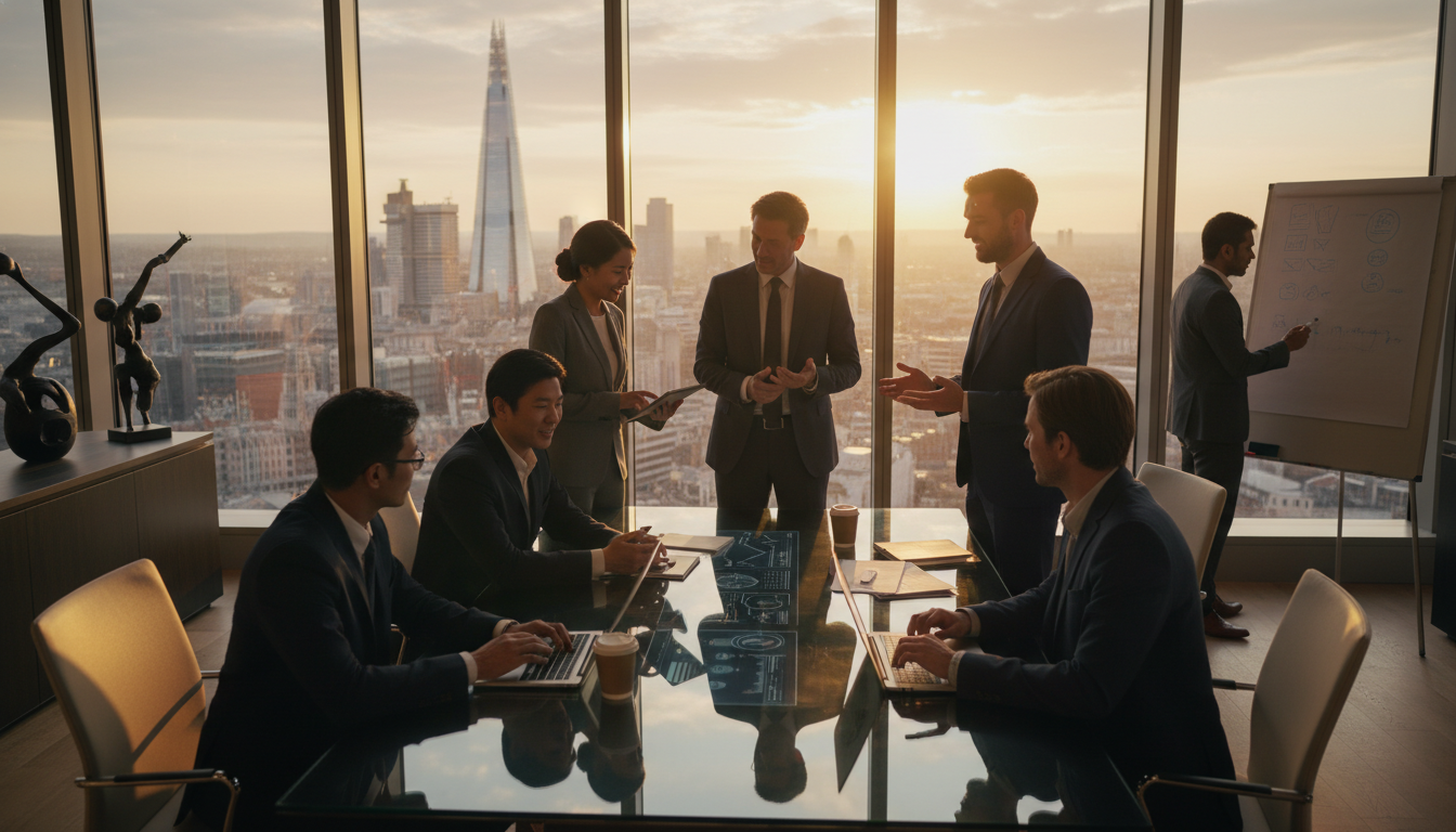 A professional, photorealistic image of a diverse group of business people collaborating in a modern high-rise office in London, with the iconic skyline including The Shard and The Gherkin visible through floor-to-ceiling windows during the golden hour. The atmosphere is dynamic and innovative.