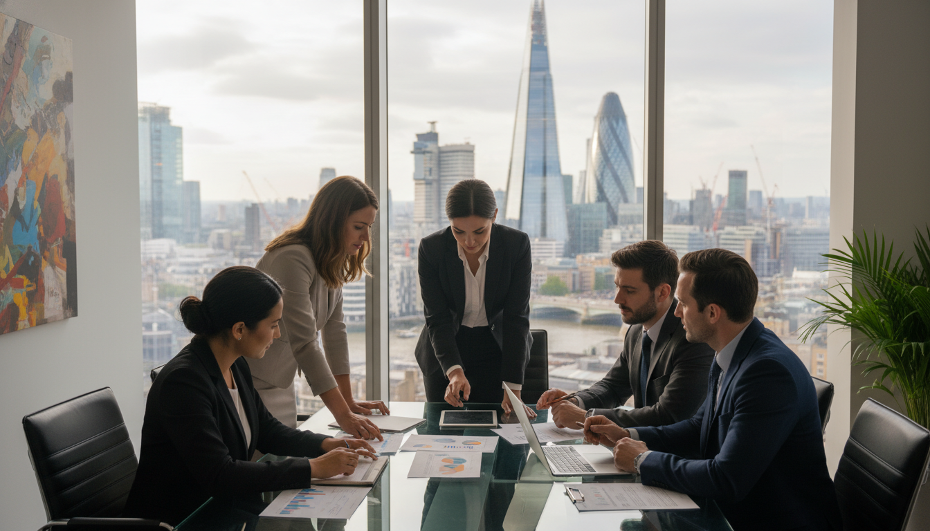 A photorealistic, professional image inside a modern London high-rise office. A diverse group of business professionals are gathered around a glass conference table, reviewing documents. Through the floor-to-ceiling windows, the London skyline, including the Shard or the Gherkin, is visible in the soft daylight, symbolizing successful international business integration in the UK.