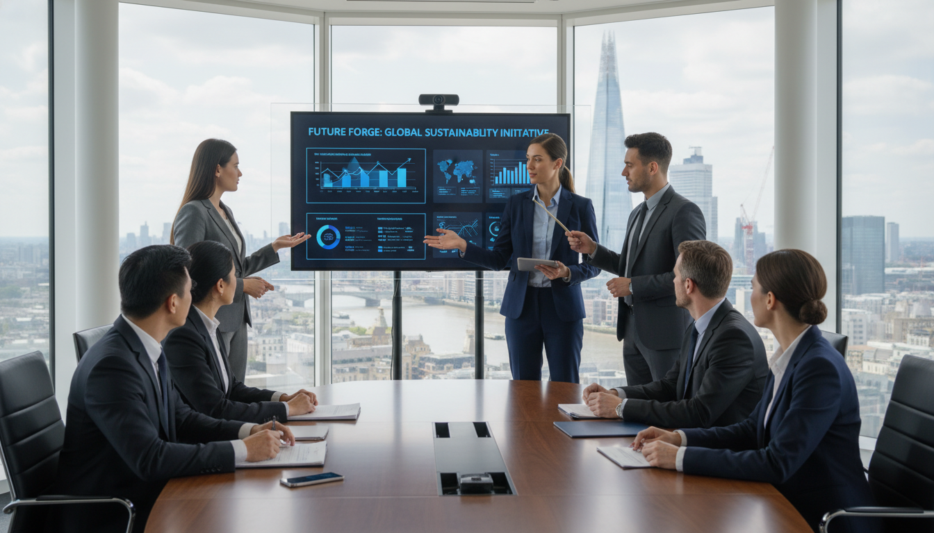 A professional, photorealistic image of a diverse group of international entrepreneurs presenting a digital pitch deck to a panel of serious investors in a modern, glass-walled conference room in London, with the city skyline including the Shard visible in the background background lighting is natural and professional.