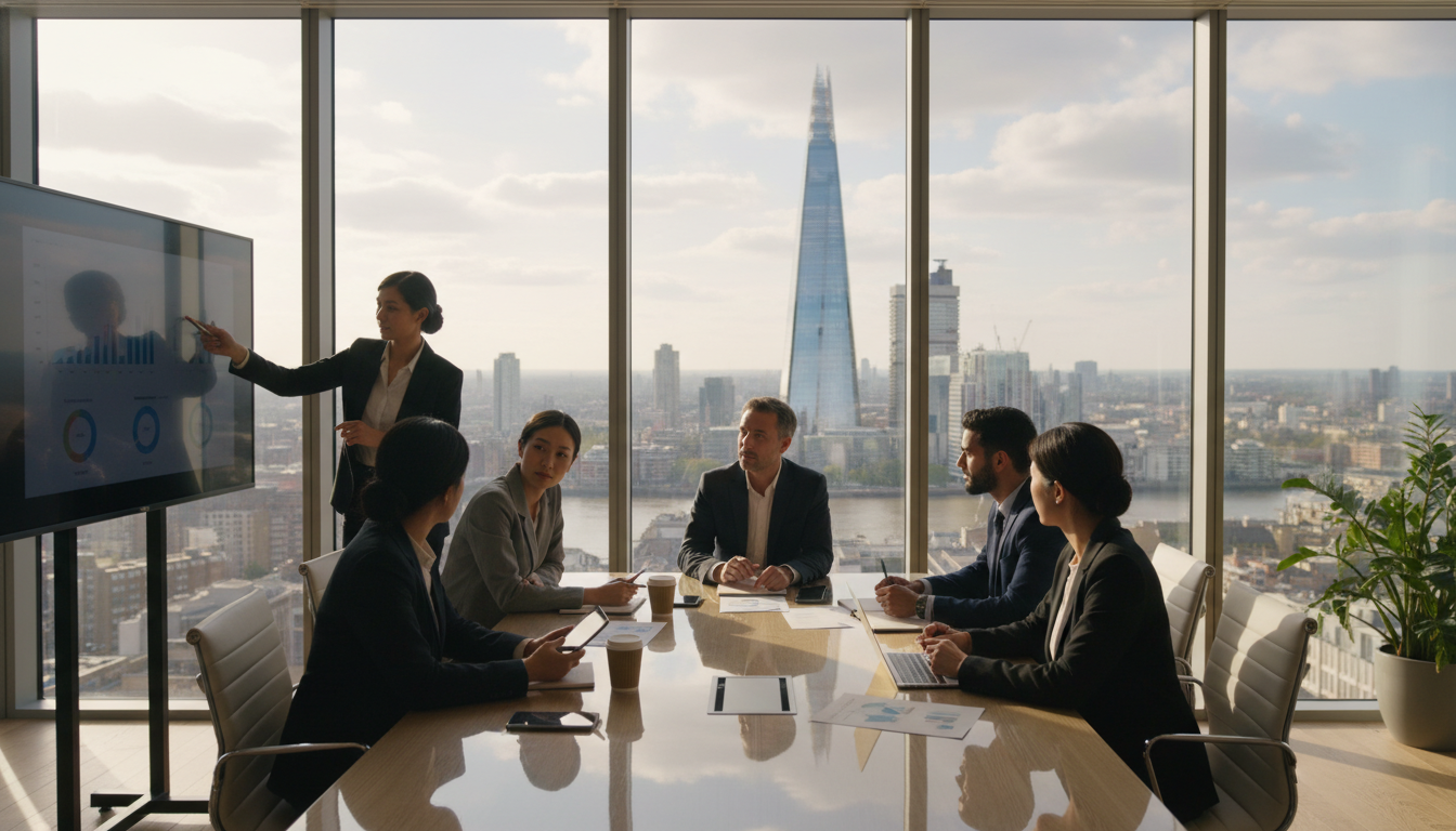 A high-quality, photorealistic image of a diverse group of business professionals having a strategic meeting in a modern office with the London skyline and the Shard visible through floor-to-ceiling windows, soft natural lighting, 8k resolution