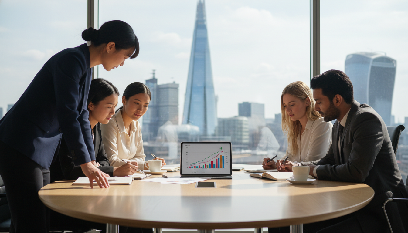 A photorealistic image of a diverse group of professional entrepreneurs sitting around a modern conference table in a high-rise London office, reviewing financial charts on a tablet. The background features the blurred London skyline with the Shard and Gherkin visible through floor-to-ceiling windows, symbolizing international business success in the UK.