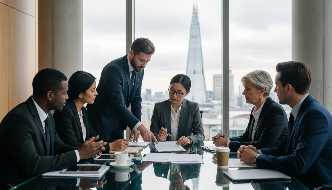 A high-resolution, photorealistic image of a professional business meeting in a modern London office with a view of The Shard through the window. A diverse group of business people, including an expat entrepreneur and a legal advisor, are reviewing a contract on a glass table. The atmosphere is serious yet collaborative, with soft natural lighting.