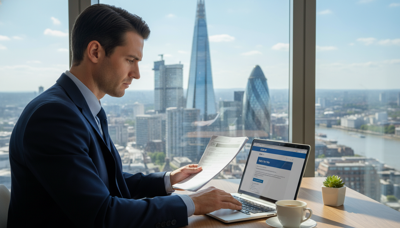 A photorealistic image of a professional expatriate sitting at a modern desk in a high-rise London office, meticulously reviewing visa application documents with a laptop open displaying the UK government website. In the background, through a large glass window, the iconic London skyline featuring The Shard and the Gherkin is visible under a clear sky.