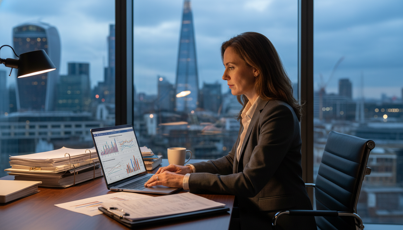 A professional expatriate business owner sitting at a modern desk in a London office, analyzing complex financial charts and tax documents on a laptop, with a blurred view of the City of London skyline through the window, photorealistic, 8k resolution, cinematic lighting
