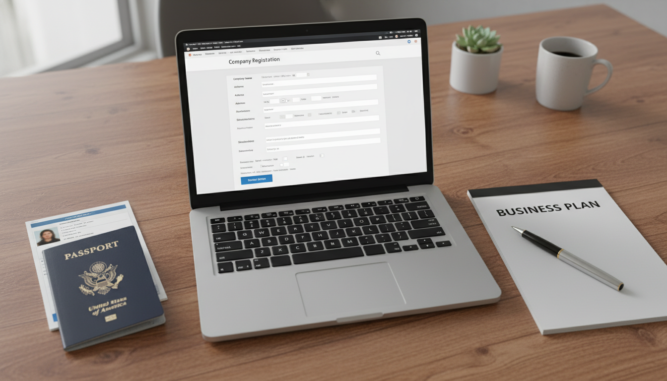A photorealistic, high-angle close-up of a modern workspace featuring a laptop screen displaying a digital company registration form, a passport lying next to it, and a pen resting on a notepad, soft natural lighting, professional business atmosphere, 8k resolution.