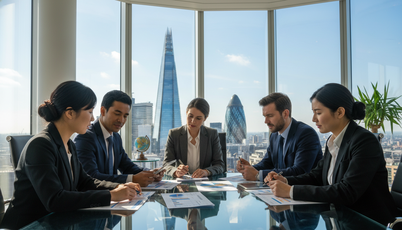 A photorealistic image of a diverse group of business professionals in a high-rise London conference room, reviewing investment documents on a glass table. Outside the panoramic window, the London skyline featuring The Shard and The Gherkin is visible under a clear sky, symbolizing economic opportunity.