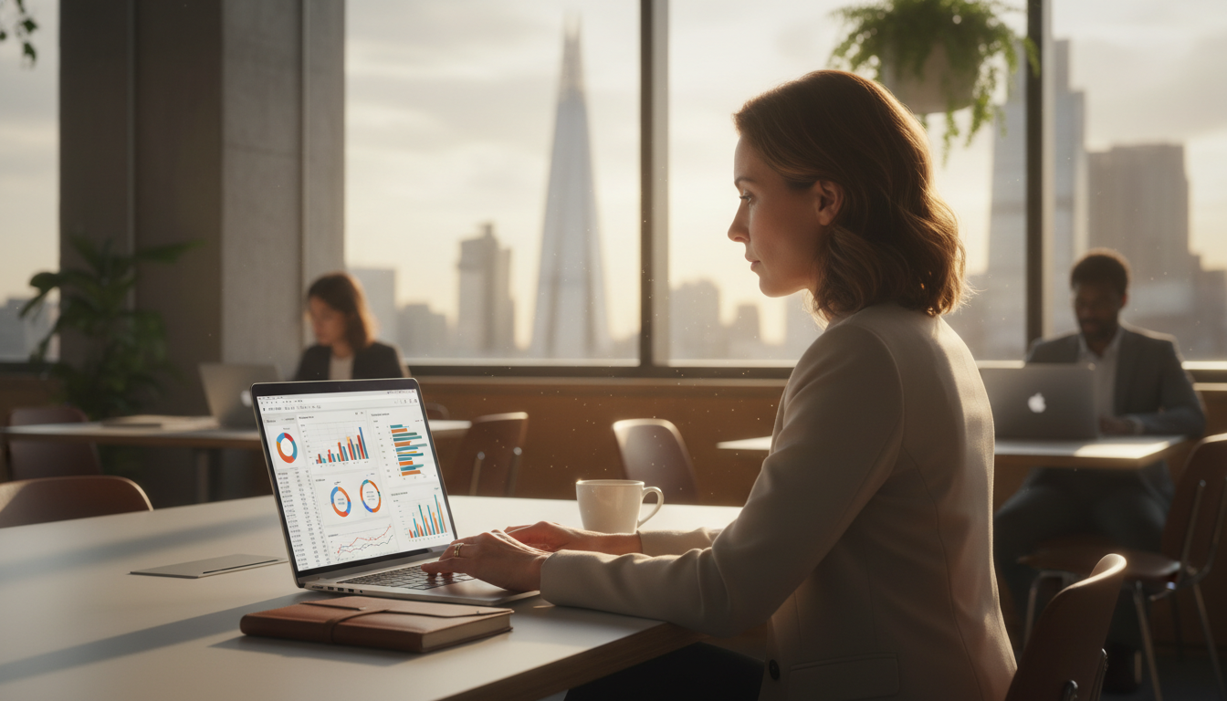 A photorealistic image of a professional expatriate entrepreneur working on a high-end laptop in a modern, sunlit co-working space in London with a blurred view of the Gherkin or Shard through the window, displaying business analytics charts on the screen, cinematic lighting, 8k resolution.